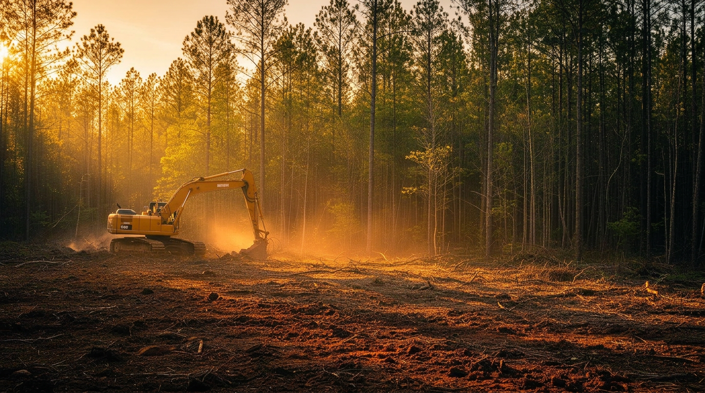 Excavator clearing land at golden hour in Georgia pines